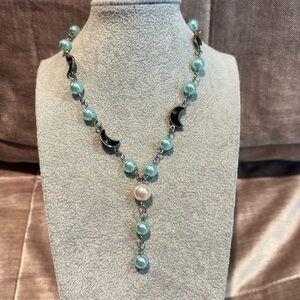 Moon & Pearl Drop Necklace Sea Green White Peals and Black Moons 14-15”